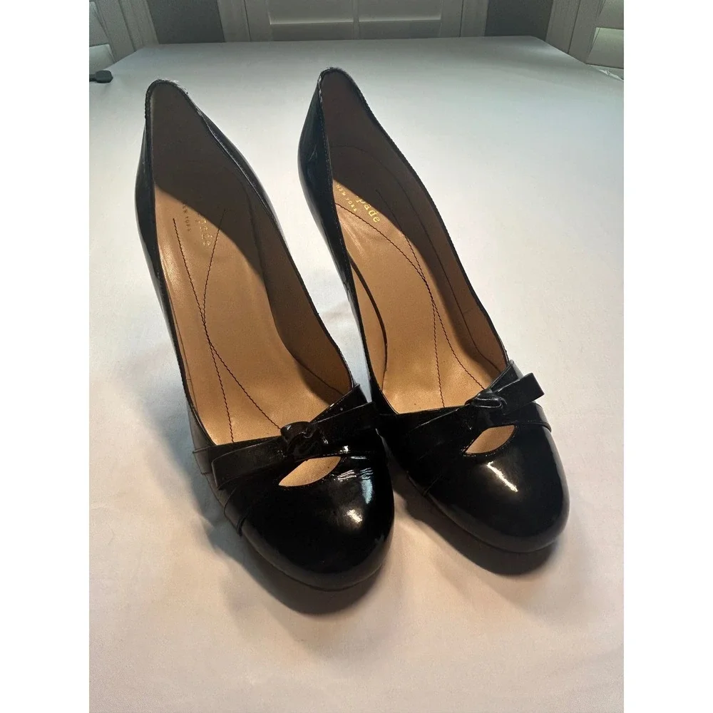 Kate Spade New York Karolina Pumps Women 8.5 Black Patent Leather Bow Round Toe